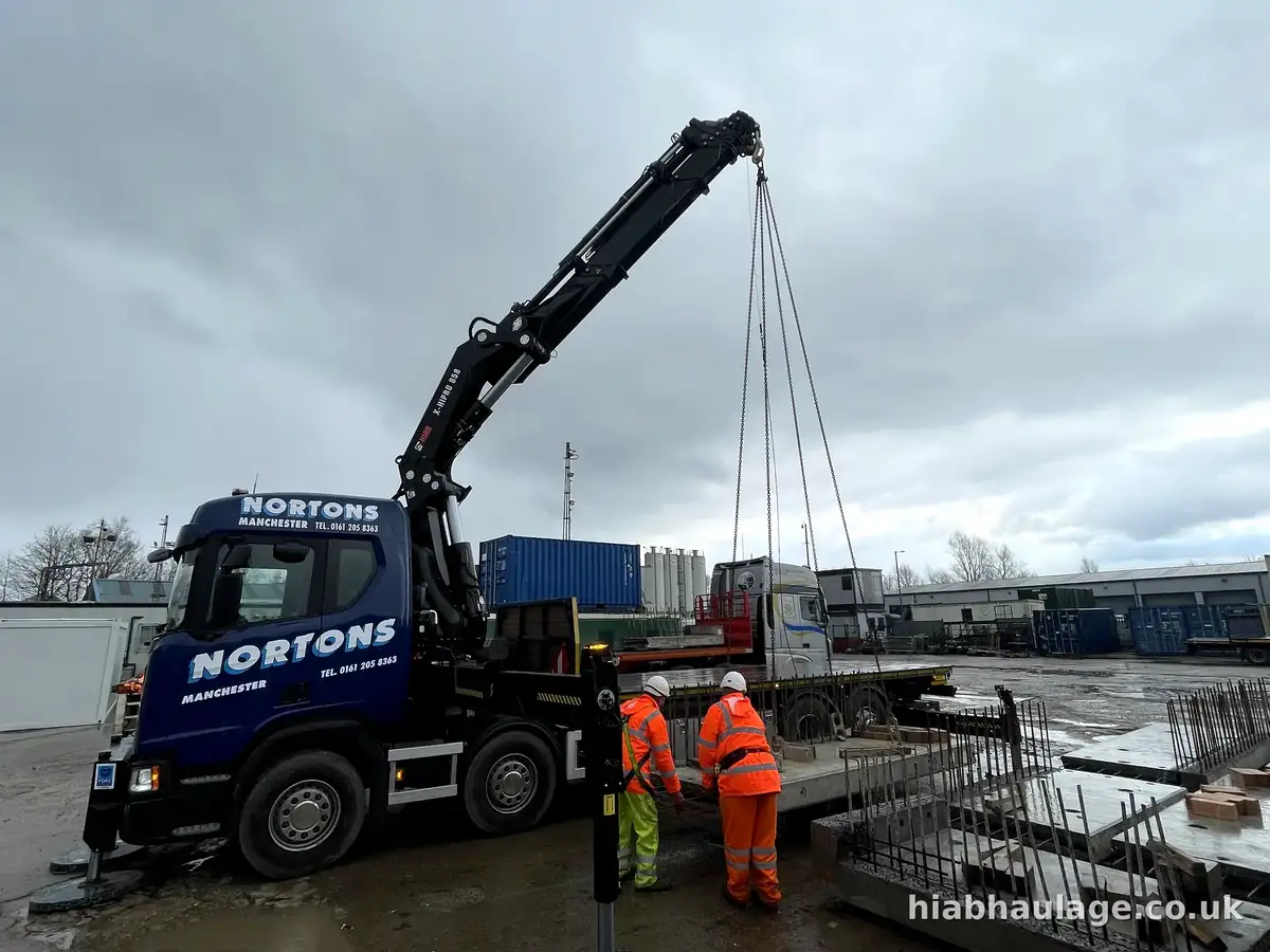 HIAB lifting precast units with the crew guiding HIAB lifting precast units with the crew guiding