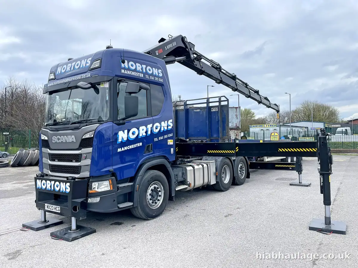 New Scania artic HIAB with stabilisers down and boom raised New Scania artic HIAB with stabilisers down and boom raised